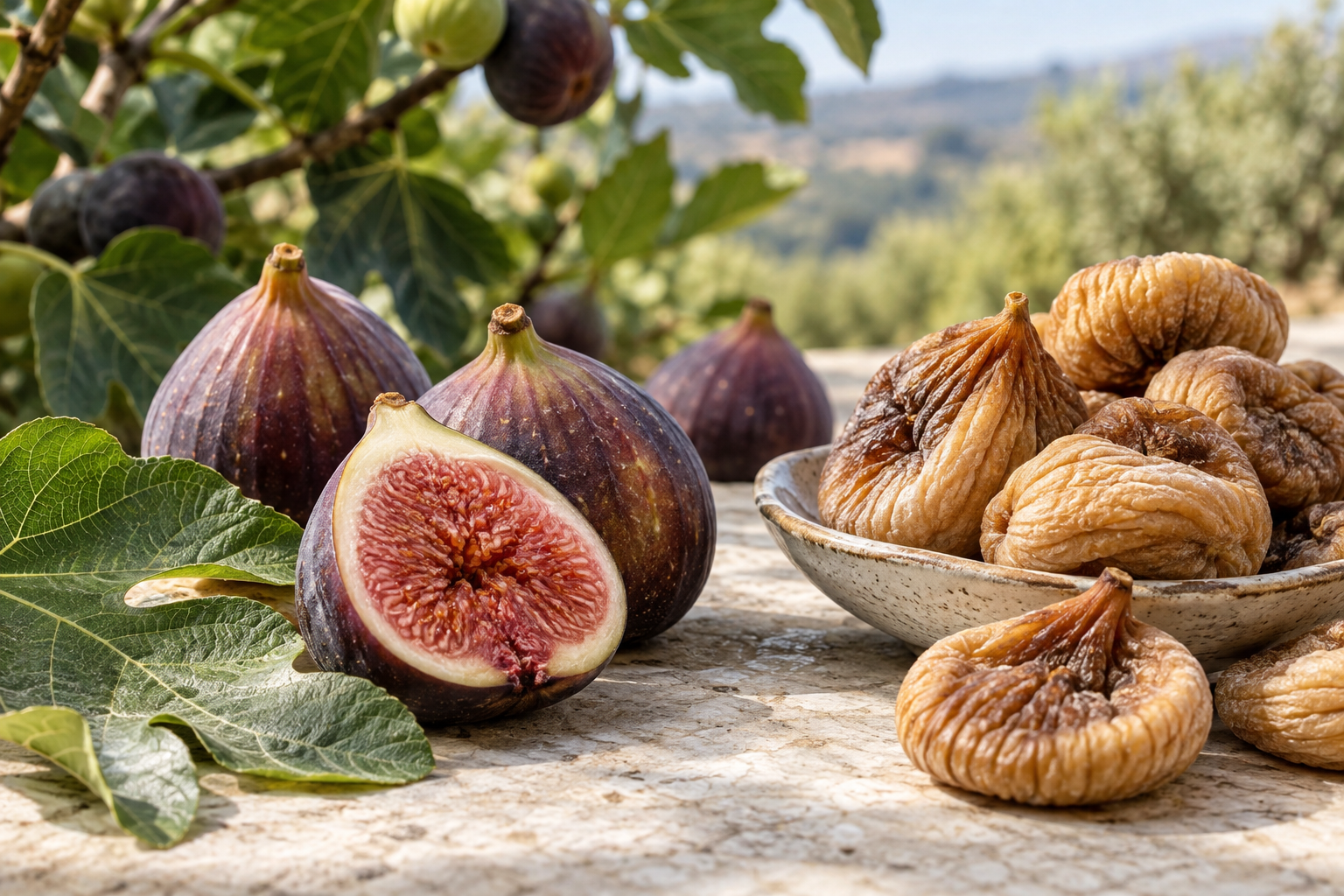 Illustrative editorial image of fresh purple figs, a cut fig and dried figs beside fig leaves