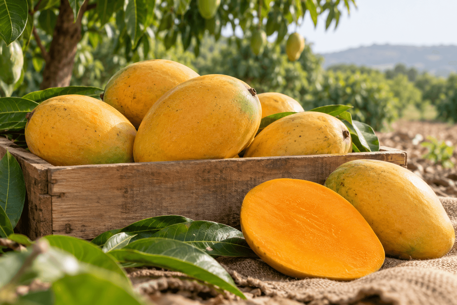 Illustrative editorial image of golden mangoes in a harvest crate and cut orange mango flesh with an orchard background