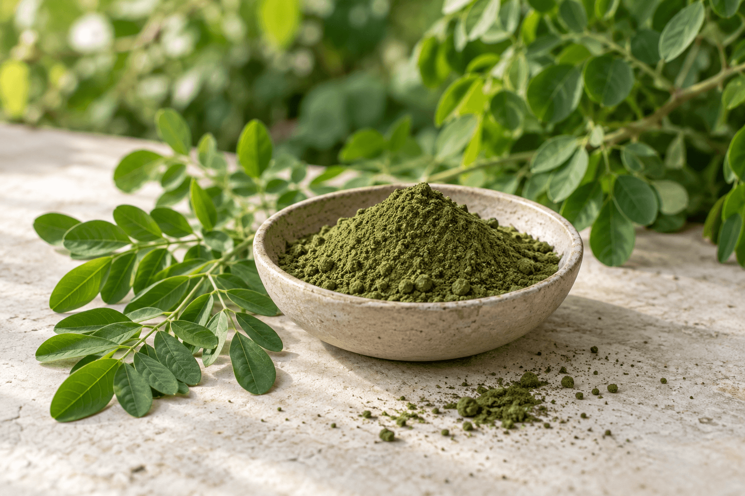 Illustrative editorial image of green moringa leaf powder in a ceramic bowl beside moringa leaves