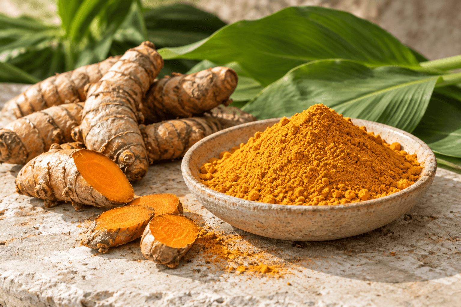 Illustrative editorial image of golden turmeric powder, orange sliced turmeric rhizomes and green turmeric leaves